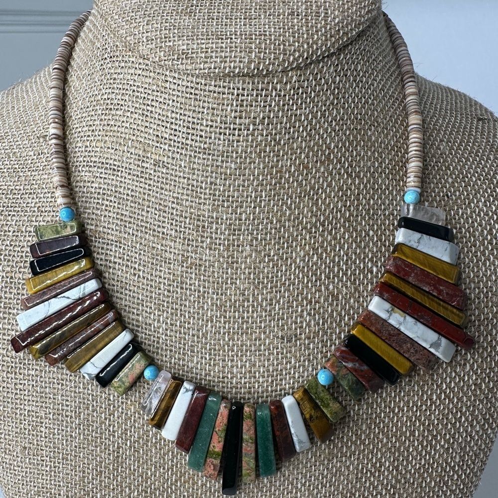 **SOLD**Boho Multicolor Shell Necklace – Natural Heishi Beads & Stone Slab Fan - Picture 4 of 5